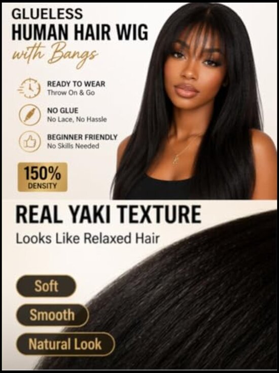 Yaki Straight Human Hair Wig with Wispy Bangs 150% Density Glueless Ready to main image 5